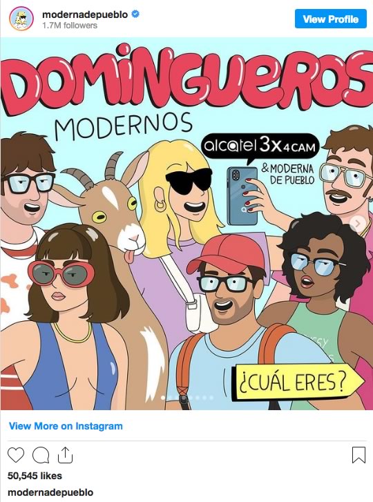 Captura de Instagram de Moderna de Pueblo con comic de Alcatel