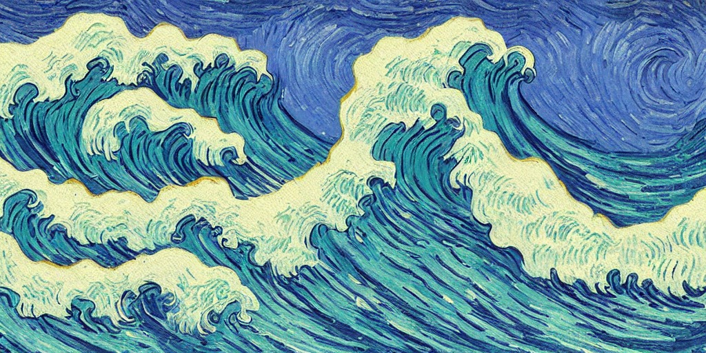 Imagen generada por IA Stable Difussion:Kanagawa wave Van gogh style